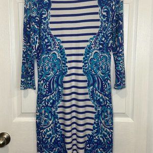 LILLY PULITZER Nila Dress 3/4 Sleeve Striped Moon Jellies Brilliant Blue Size M